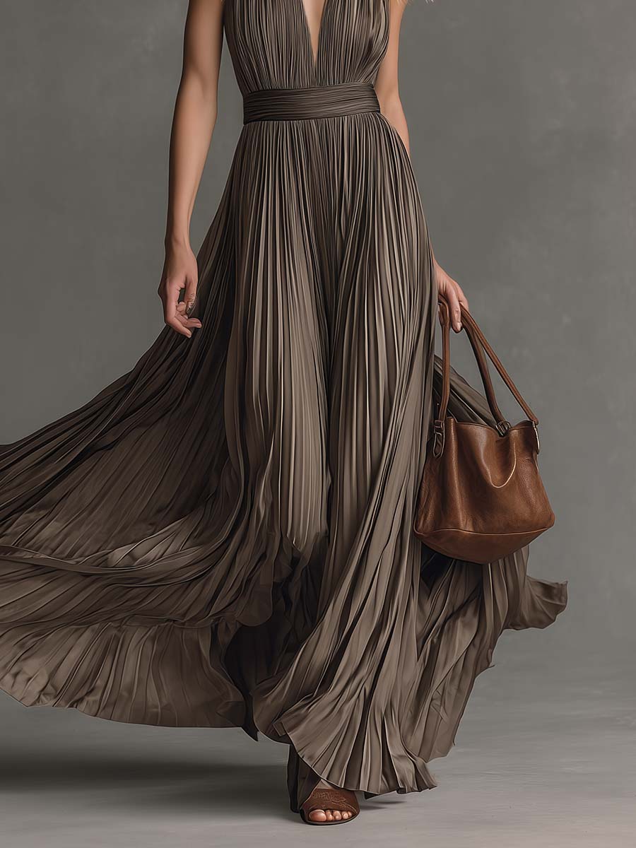 Greyish-Brown Satin V-Neck Pleated Maxi Dress