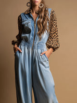 Western Retro Long-Sleeved Chiffon Leopard Print Light Blue Denim Wide-Leg Jumpsuit