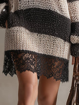 Chic Urban Lace-trimmed Black Striped V-neck Knit Mini Dress