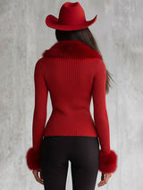 Lapel Zipper Faux Fur Collar Knitted Cardigan