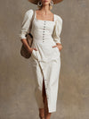 Fashionable Retro-style Square Neckline Long-sleeved White Cotton Midi Dress