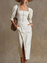 Fashionable Retro-style Square Neckline Long-sleeved White Cotton Midi Dress