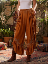 Retro Bohemian Ruffled Embroidered Velvet Cropped Pants