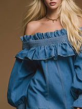 Elegant Personality Fashion Ruffled Off-the-shoulder Long Sleeves Blue Denim Mini Dress