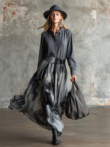 Artistic Grey Cotton Patchwork Chiffon Printed Maxi Dress