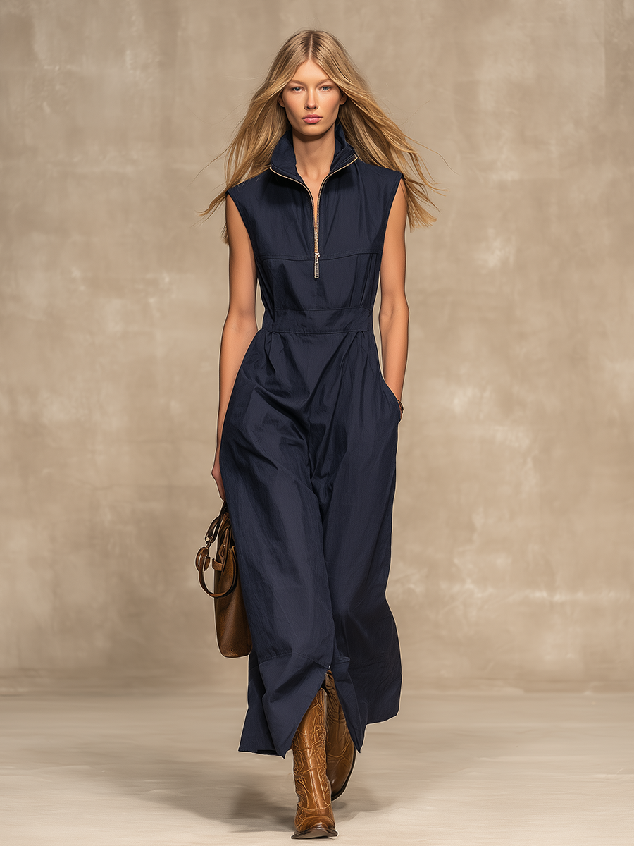 Retro Casual Zipper Stand Collar Sleeveless Midi Dress