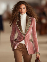 Pink Velvet Stitching Leopard Print One Button Blazer