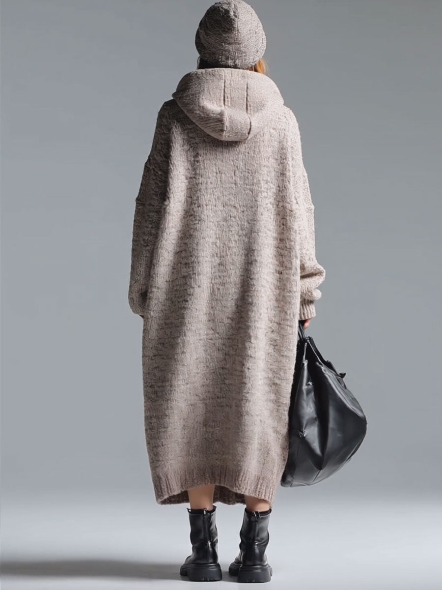 Fashion Loose Retro Trimmed Floral Gray Hooded Knitted Midi Dress