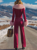 Fashion Retro Rose Red Velvet Faux Fur Collar Long Sleeve Flared Jumpsuit
