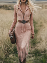 Western Retro Pink Long-sleeved Tassel Midi Dress