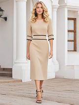 【24-hour shipping out】Elegant And Stylish Black Line Trim Khaki Midi Dress