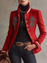 Ruffled Stand-up Collar Single-breasted Rose Embroidered Woolen Jacket