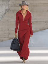 Elegant Retro Sporty V-neck Front Zipper Long-sleeved Pink Maxi Dress