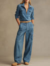 Western Retro Blue Faux Suede Half-Zip Top And Wide-Leg Cargo Pants Set
