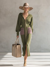 Elegant Olive Green Hooded Narrow Waist Zip-up Sweatshirt Long Sleeve Maxi Dress