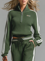 Retro Casual Green Sports Half-zip Knitted Sweater And Pants Set