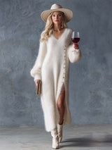 Comfortable Lazy Exquisite V-neck Metal Button White Imitation Rabbit Fur Knitted Side Slit Midi Dress