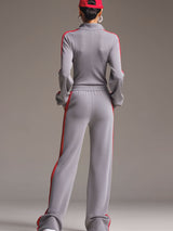 Casual Sporty Retro Red Ribbon Half-Zip Sweatshirt And Wide-Leg Pants Set