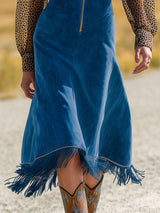 Western Retro Leopard Print Chiffon Long-Sleeved Blue Faux Suede Tassel Midi Dress