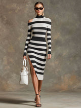 Retro Black And White Striped Knit Off-shoulder Slit Midi Dress