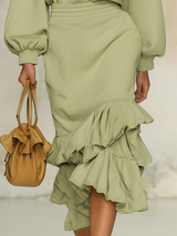 Comfortable And Casual Round-neck Long-sleeved Top And Ruffled Skirt Set