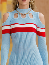 Chic And Elegant Cutout Shoulders Red Striped Blue Knit Midi Dress