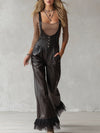 Elegant Urban Style Lace Trim Black Stretch PU Overalls