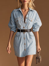 Stylish Retro-style Button-up Light Blue Denim Mini Dress