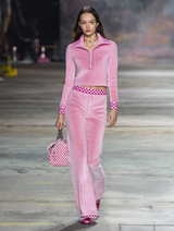 Stylish Pink Corduroy Patchwork Plaid Top And Long Pants Set