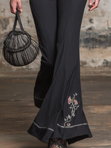 Black Button-up Top And Flared Trousers Set With Exquisite Embroidery.