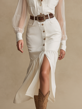 Vintage Western Front Button Transparent Long Sleeve White Denim Midi Dress