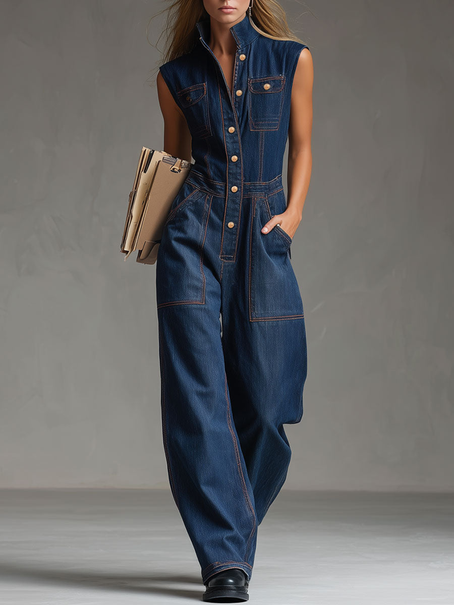 Casual Retro Multi-pocket Topstitching Dark Blue Denim Sleeveless Balloon Jumpsuit