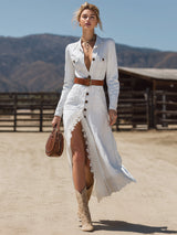 Vintage Western-style White Lace-trimmed Denim Maxi Dress