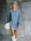 Round Neck Puff Sleeve Metal Button Denim Mini Dress