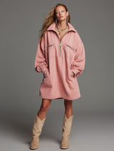 Casual Retro Pink Denim Half-zip Long-sleeved Mini Dress