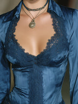 Vintage Blue Satin With Lace Trim Top