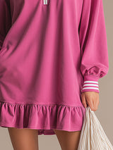 Sporty Retro Pink Cotton Half-Zip Ruffle Sweatshirt Mini Dress