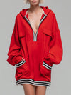Loose-fitting Color-blocked Ribbed Pocketed Hooded Long-sleeved Mini Dress