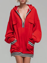 Loose-fitting Color-blocked Ribbed Pocketed Hooded Long-sleeved Mini Dress