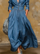 Retro Style Lapel Collar Double Pocket Button-up Long-sleeved Maxi Dress