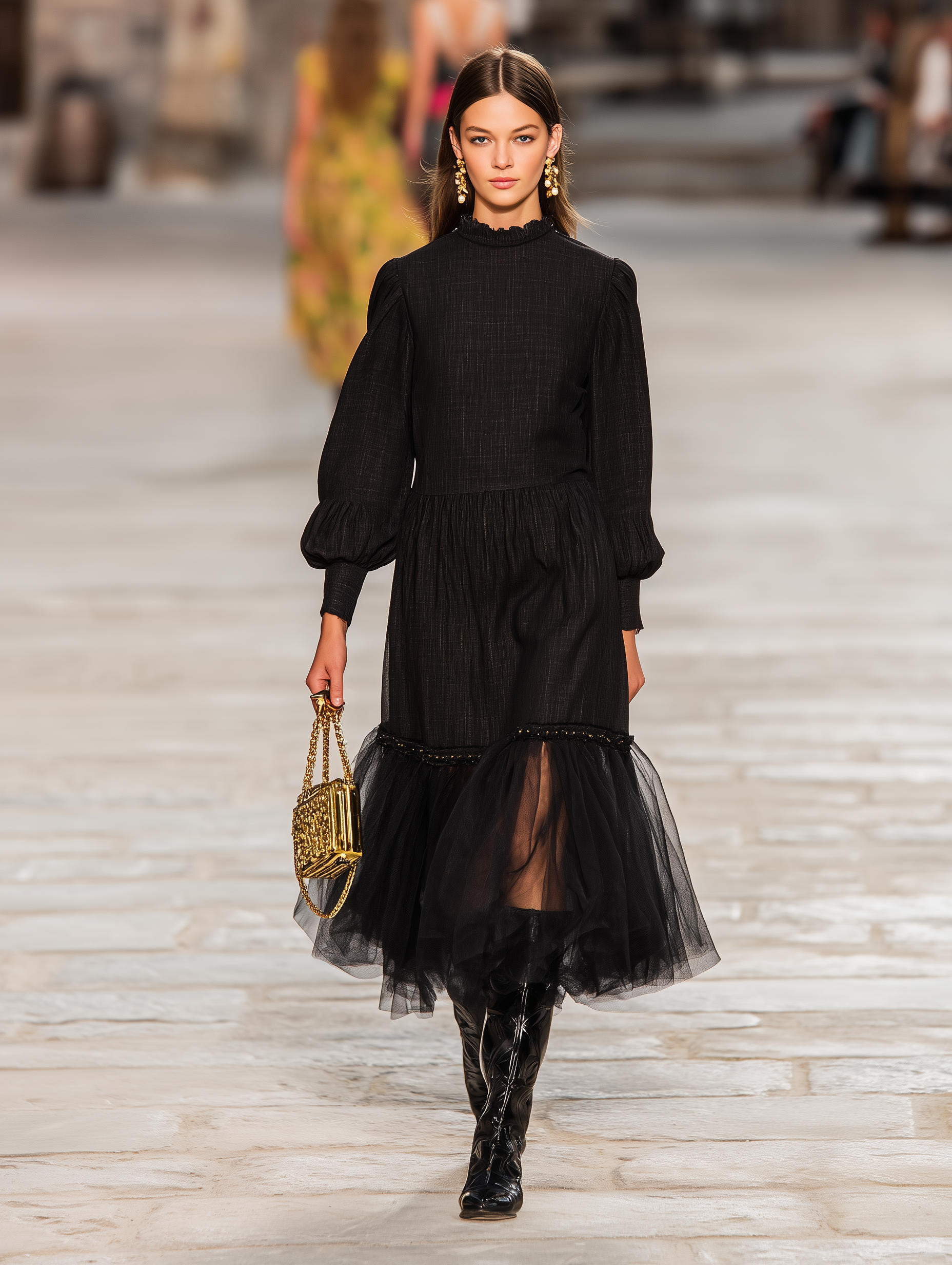 Western Black Cotton Linen Patchwork Tulle Round Neck Midi Dress