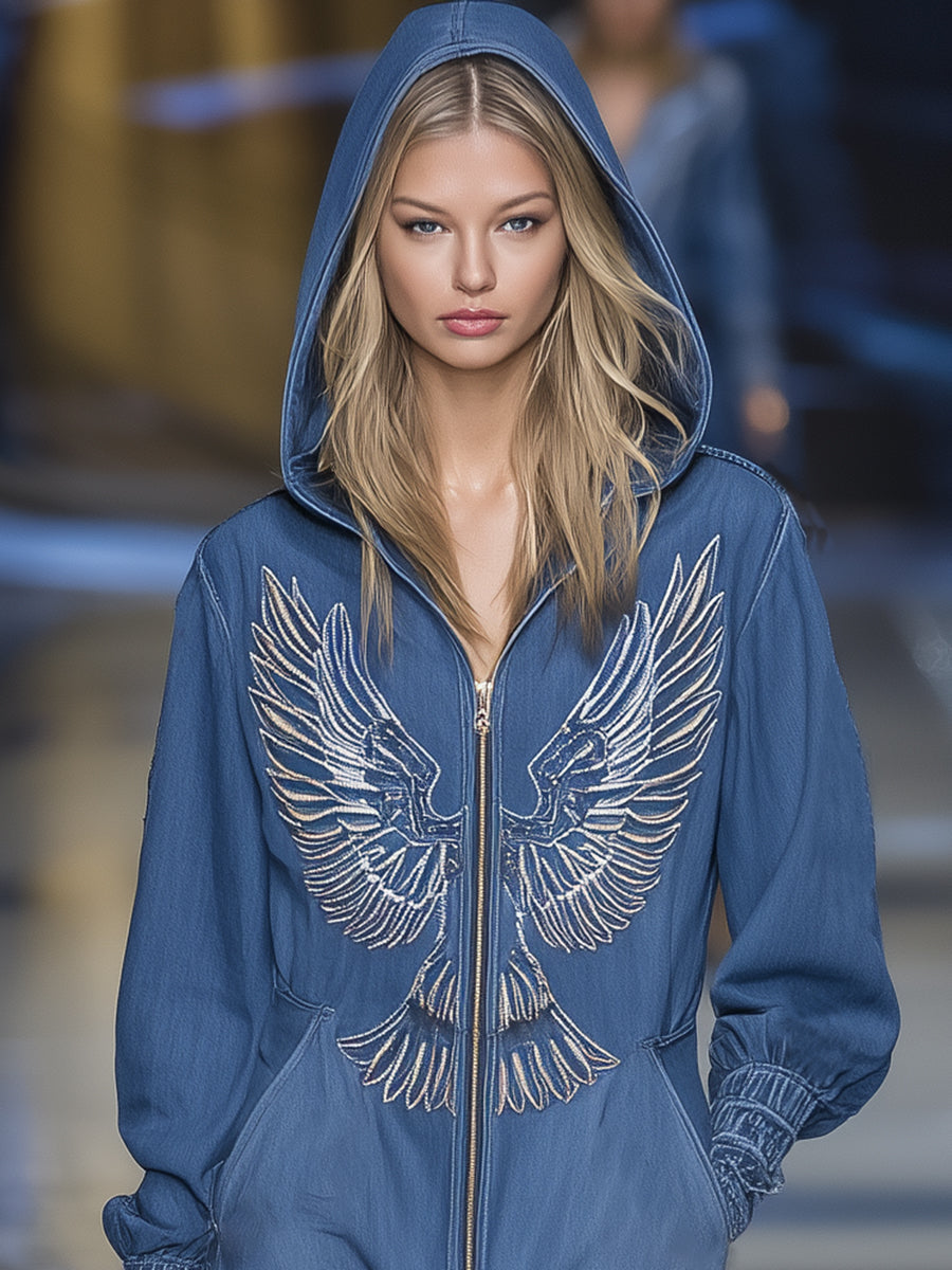 Retro Blue Denim Hooded Zip-up Eagle Embroidered Maxi Dress