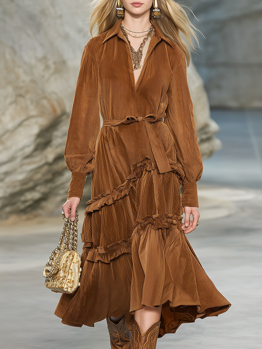 Vintage Brown Corduroy Ruffled Belted Midi Dress