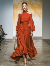 Western-style Rust-red Linen Off-the-shoulder With A Collared Neckline Maxi Dress
