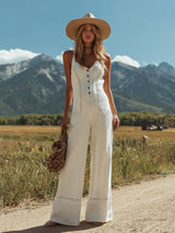【24-hour shipping out】Women's White Linen Sleeveless Suspender Button Jumpsuit With Lace Design
