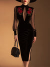 Elegant And Sexy Black Mesh And Velvet Midi Dress
