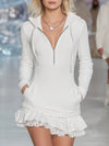 Stylish Sporty White Hooded Mini Dress With White Lace Ruffles