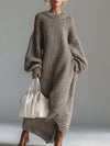 Elegant Urban Silhouette Round Neck Heathered Khaki Knitted Maxi Dress