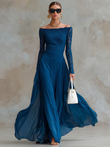 Fashionable Retro Long-sleeved Indigo Blue Lace Chiffon Maxi Dress