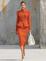 Elegant Stand-collar Knitted Cardigan And Skirt Set